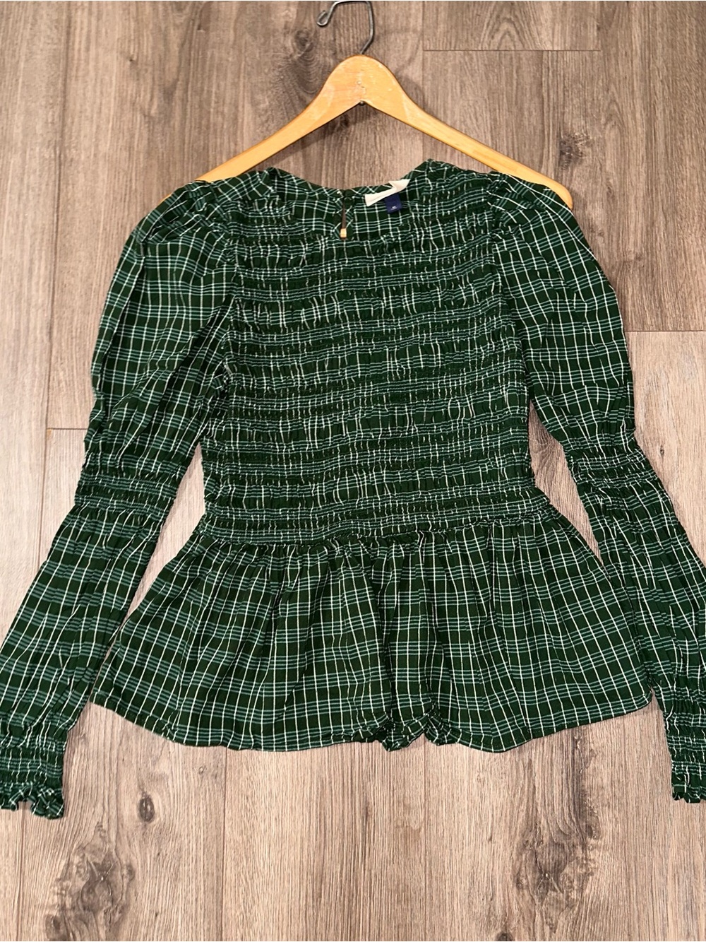 Smocked Forest Green Plaid Peplum Top